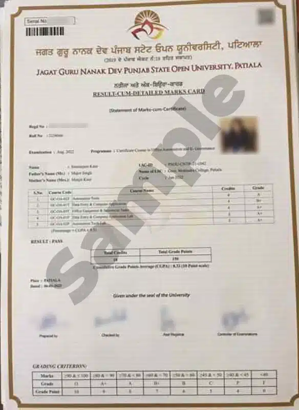 Sample degree certificate of Jagat Guru Nanak Dev University distance education